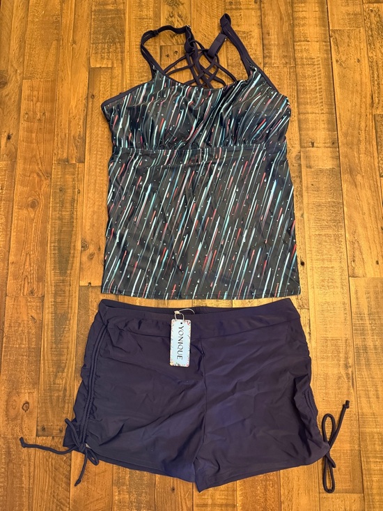 Yonique Other - Yonique Navy Strappy Tankini (2 Piece)with Multi-Color Linear Print NWT